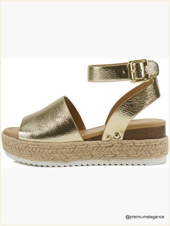 Open Toe Buckle Ankle Strap Espadrilles Flatform Wedge Sandal