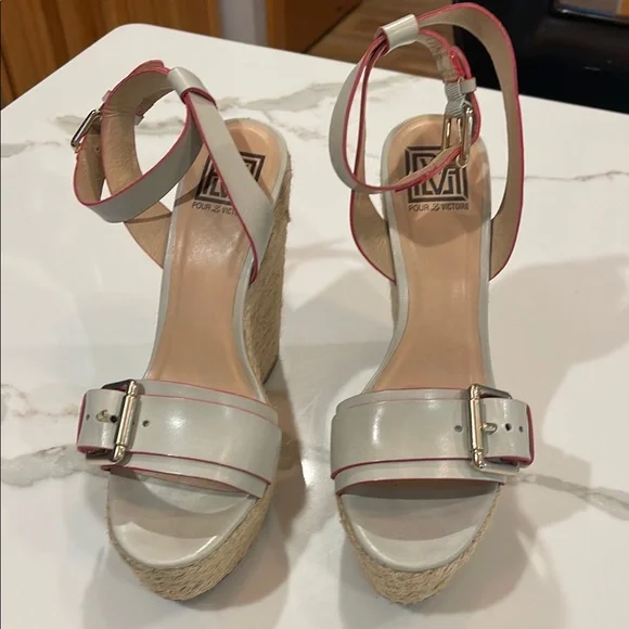 Pour La Victoire White and Pink Trim Espadrille Wedge Sandals