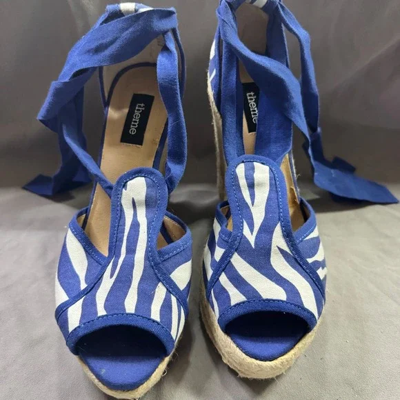 Theme Zebra Print Espadrille Wedge Sandals Blue White Ankle Tie 6.5M 169109‎