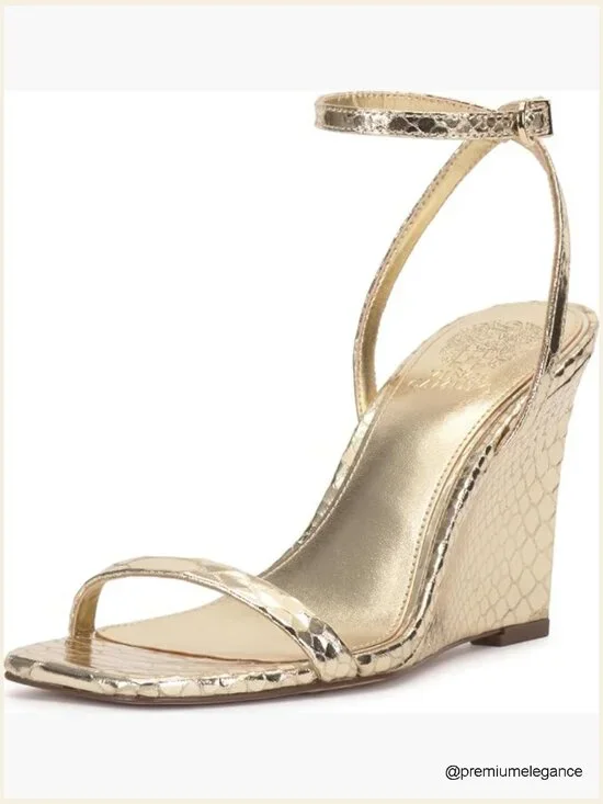 Ankle Strap Wedge Sandals - Faux Leather Open Toe