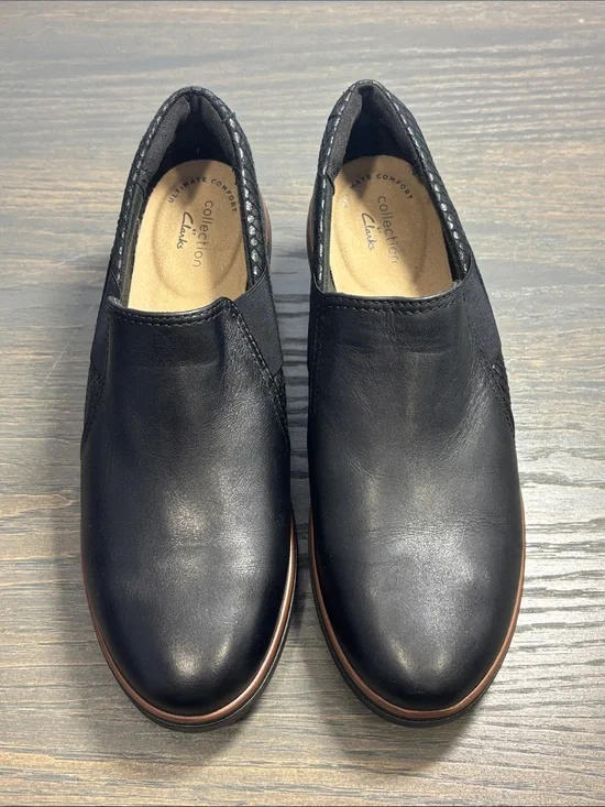 Clarks Collection Mazy Squam Black Slip On Wedge Shoes - size 7.5