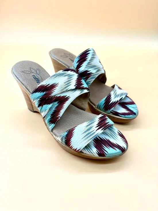 Umberto Raffini Aztec Print Slide Wedge Sandals - Teal & Burgundy