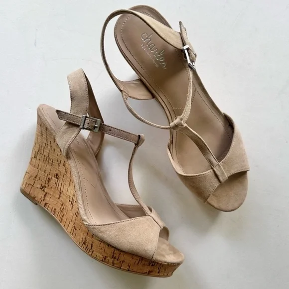 Charles by Charles David Latin Cork Wedge T-Strap Sandal in Nude Suede Size 8