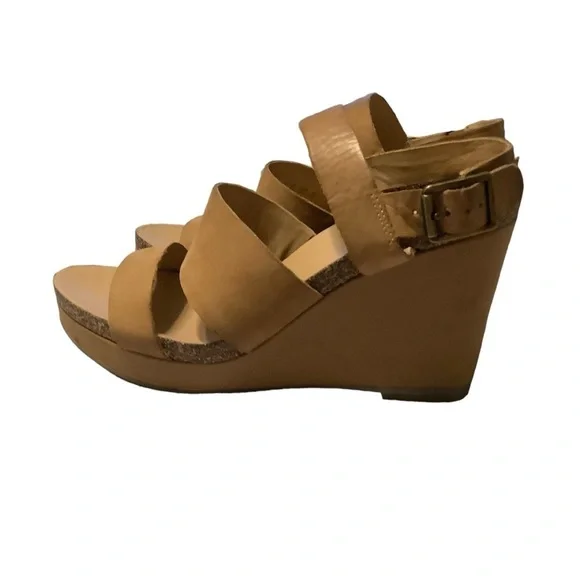 Franco Sarto‎ Womens Fiona Tan Leather Wedge Heel Strappy Sandals Size 9.5