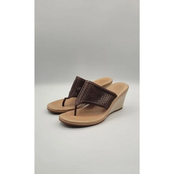 UGG Solena Women's Wedge Sandals 7.5 Brown Leather Perforated Comfort Thong
