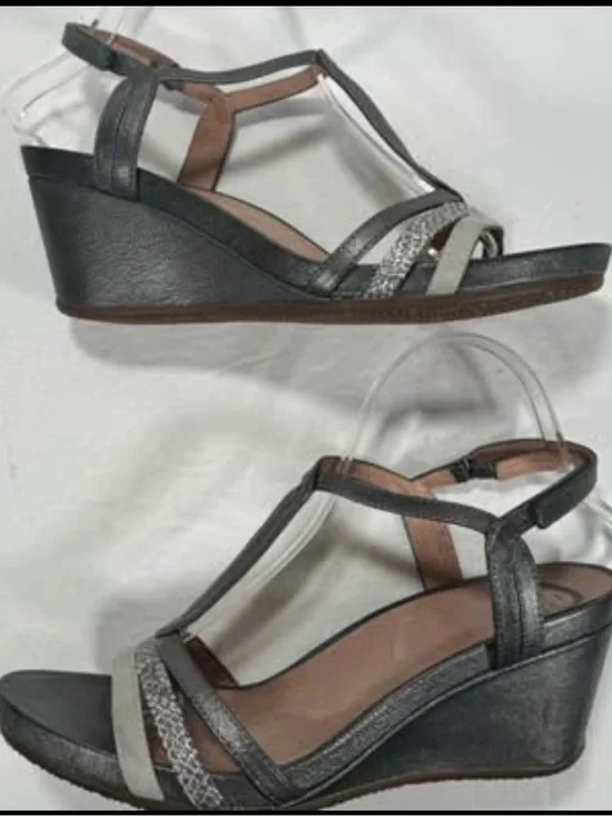 Abeo B.I.O. System Lacey Pewter Leather Wedge Heel Sandals Comfort Shoes, Size 8