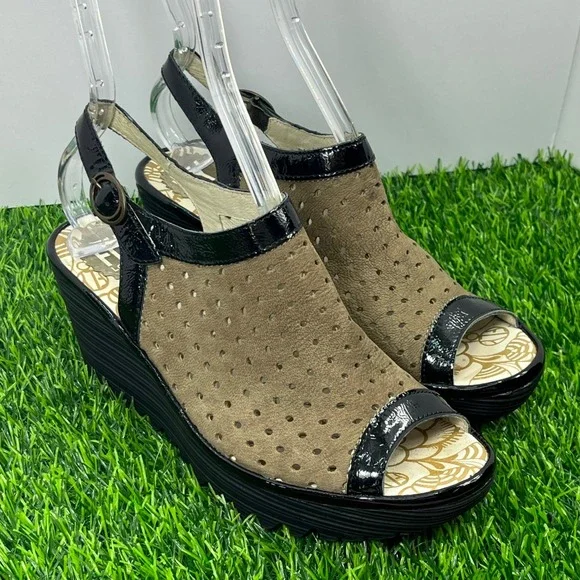 FLY LONDON Wedge Sandals Perforated‎ Suede Black Patent Leather Sz EU37 US 6-6.5