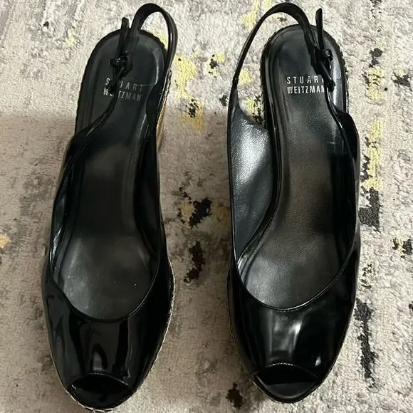 Stuart Weitzman black patent cork wedge size 9