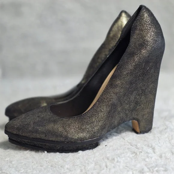 BCBGMAXAZRIA Black Metallic Architectural Platform‎ Wedge Heels Shoes 9 EU 39