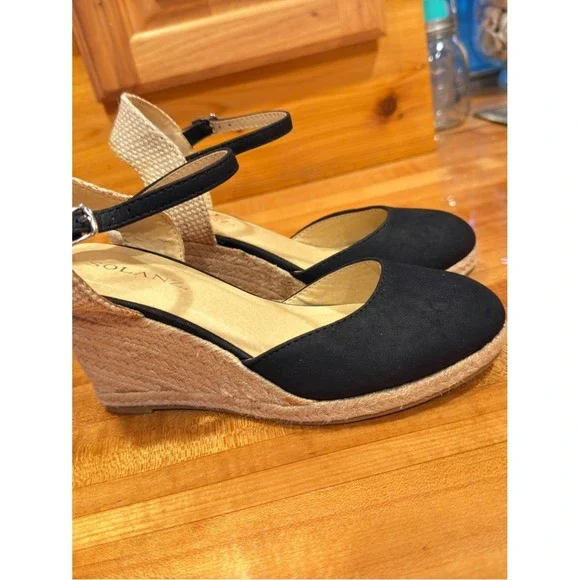 SOLANZ Black Espadrille‎ Wedge Sandals Ankle Strap Sz 5.5