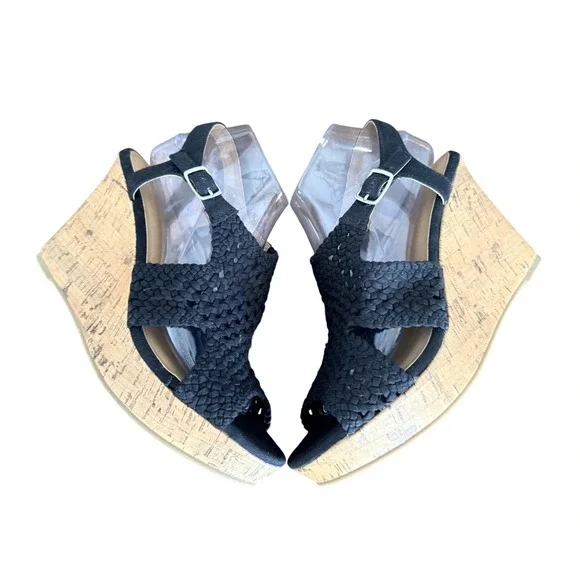 SO Taffy Black Woven Braided Cork Wedge‎ Sandals Women's Size 10 M 214784