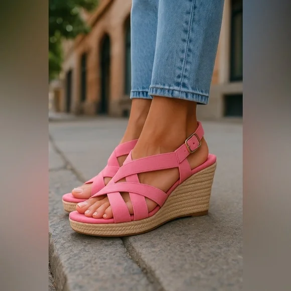 New Cole Haan Women’s Crystal Genuine Leather Wedge‎ Sandals Pink Neon Summer