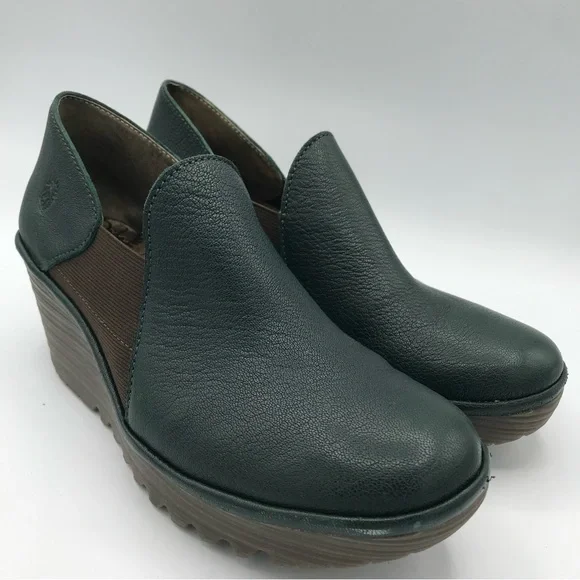 Fly London Shoes YUA Women's 39 US 8-8.5 Platform Wedges‎ Green Leather Bootie