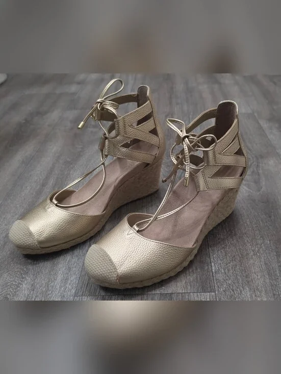 Vionic Metallic Gold Lace-Up Wedge Sandals-Size 7.5