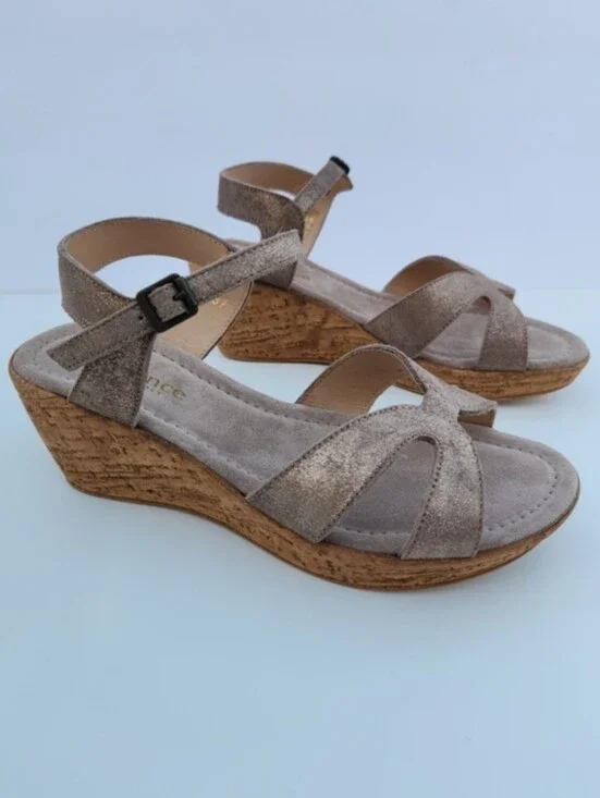 Sundance Metallic Taupe Ankle Strap Suede Leather Cork Wedge