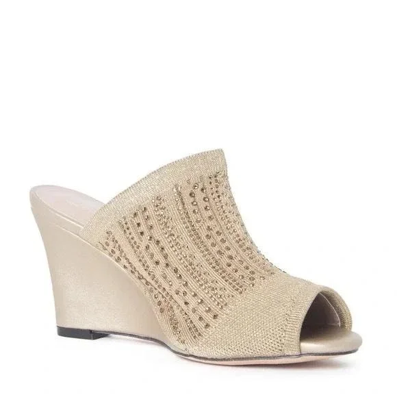 Lauren Lorraine‎ Gold Embellished Knit Open Wedge Heel Shoes Mules  Sz 6 /#S1104