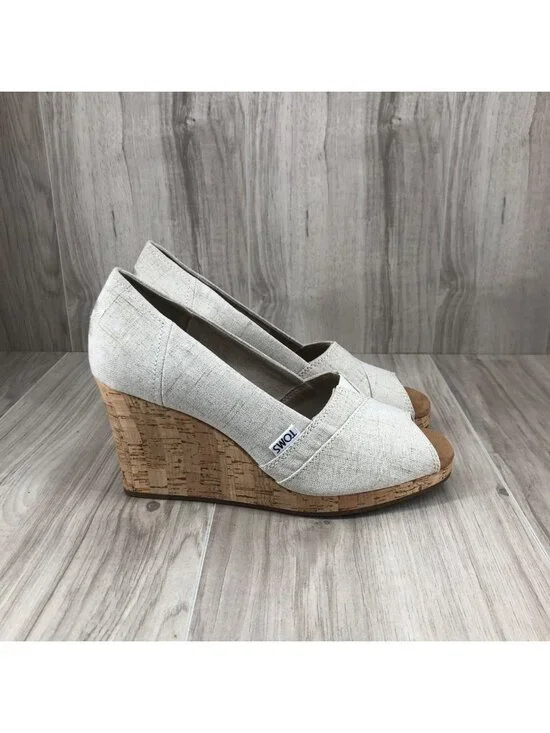 Toms Wedges Womens 8 Tan Slip On Peep Toe Cork Wedge Shoes