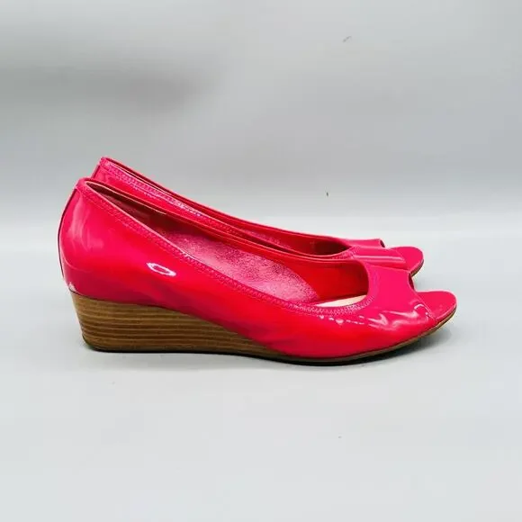 Cole Haan Shoes Womens 8.5 Pink Patent Leather Vtg Air Wedge Peep Toe Pumps