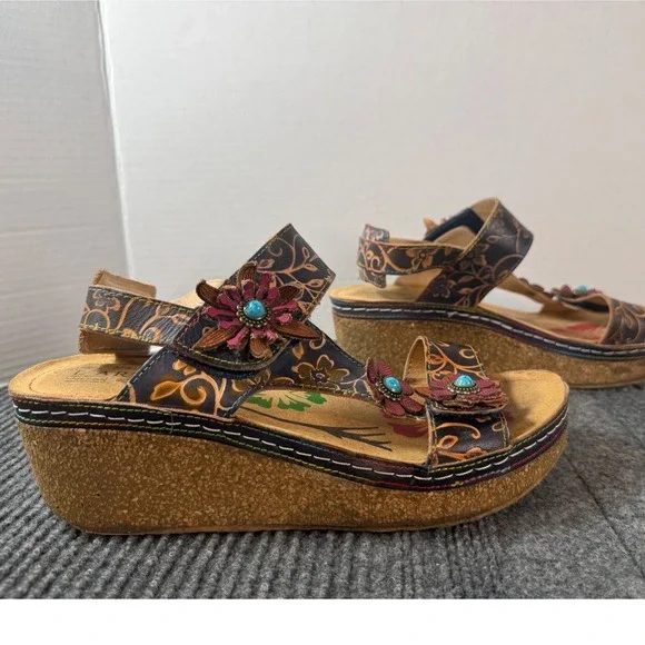 L'Artiste Spring Step Pickford Floral Leather Wedge Sandals Navy Multi Size 40