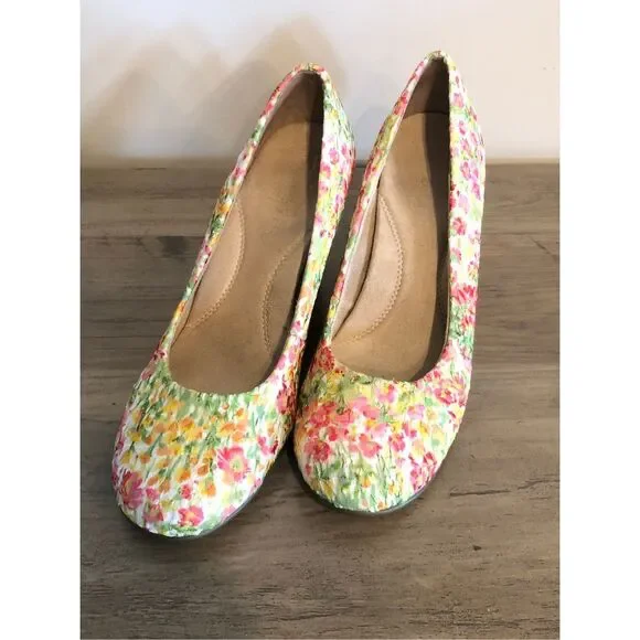 Aerosoles Plum Tree floral cork wedges Pump Sz 7.5 Cottagecore boho garden weddi