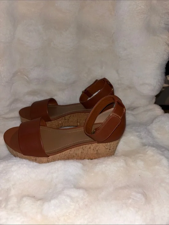 Franco Sarto Brown Cork Wedge Sandals with Ankle Strap