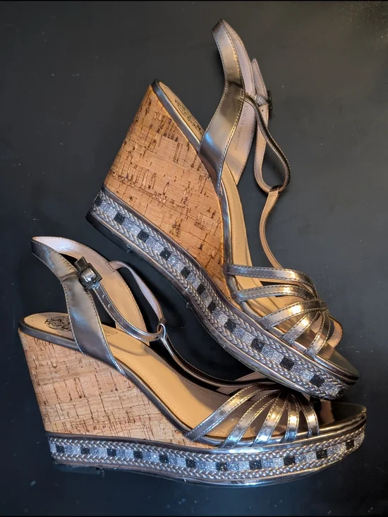 Vince Camuto Silver Metallic Cork Wedge Sandals
