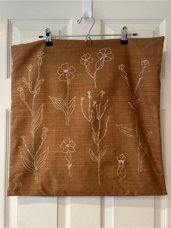 Modern brown pillow covers (2) with pink embroidery on flowers