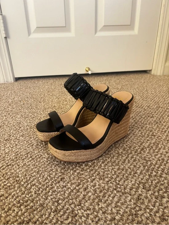 Pink Lily Black Raffia-Trim Wedge Sandals