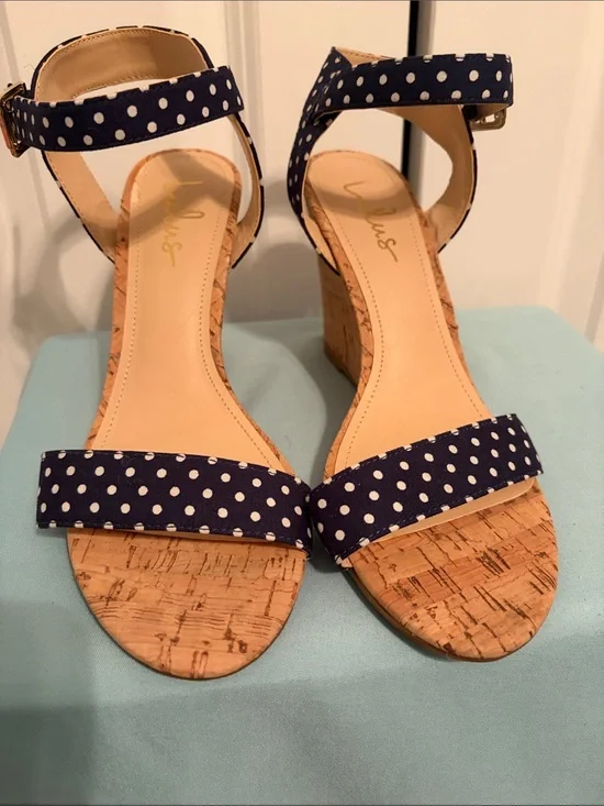 Lulu's Navy Polka Dot Cork Wedge Sandals