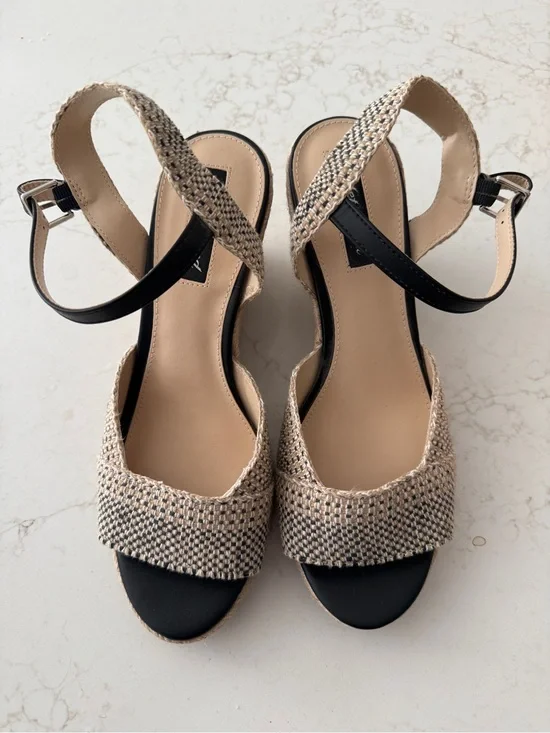 Neutral Woven Wedge Sandals with Black Ankle Straps