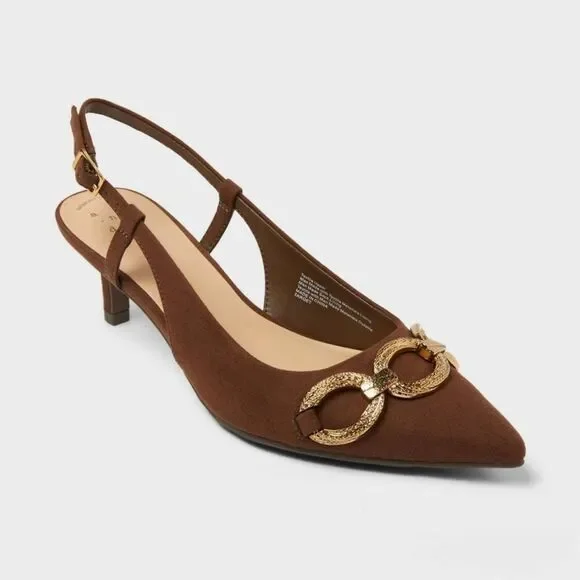 Open Box - A New Day - Women's Tabitha Oversized Chain Sling Back Heels w Brown