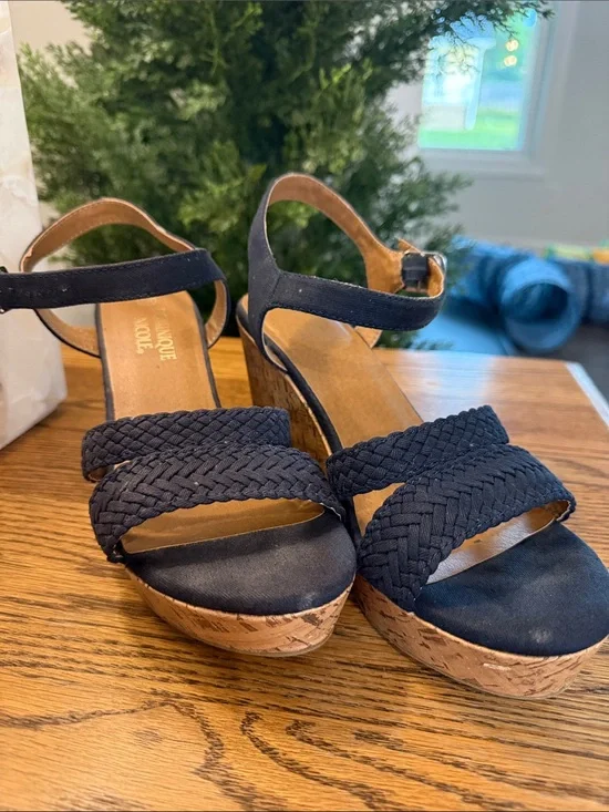 Braided Navy Wedge Sandals with Ankle Strap - Women