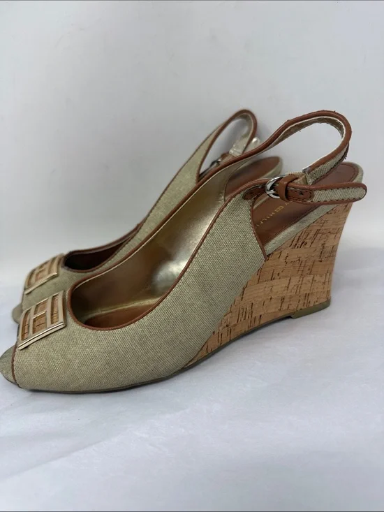 Tommy Hilfiger Linen Cork Wedge Slingback Peep Toe Heels Size 9 Coastal Grandma