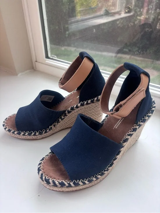 Toms Navy Canvas Espadrille Wedge Sandals with Tan Ankle Straps