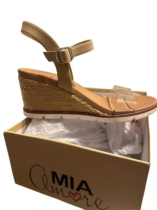 Tan Espadrille Wedge Sandals with Clear Toe Strap
