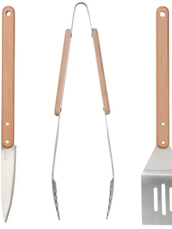 GRILLTIDER 706.137.46 3-piece barbecue tools set, stainless steel/beech