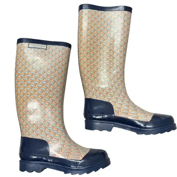 Vineyard Vines Orange Blue Wale Print Rubber Tall Rain Boots Womens 5 Classic