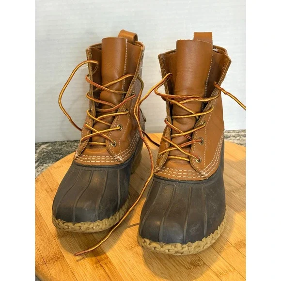 LL Bean Bean Boots Waterproof Leather Rubber Brown‎ Orange Laces Women Size
