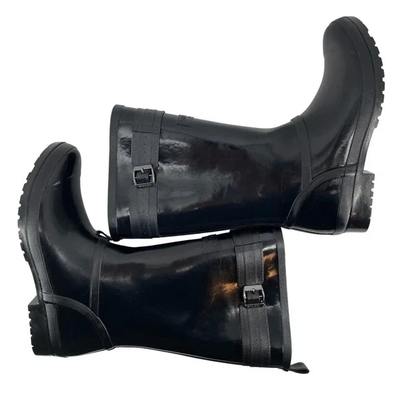 Sperry Waterproof Rubber Rain Boots Womens 10 Black STS82562 Glossy Buckle Tall‎