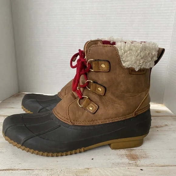 TOMMY HILFIGER duck boots faux fur preppy gorpcore streetwear brown sz 10 EUC