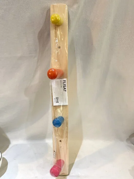 IKEA FLISAT Wooden Wall Mount Knob Coat/Bag Rack with 4 Colorful Knobs Hooks New