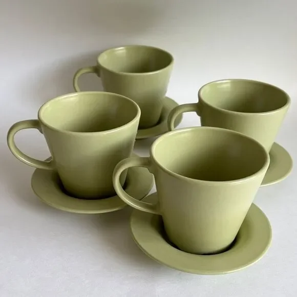 IKEA Set of 4 Dinera Green Matte Stoneware Cups and Saucers