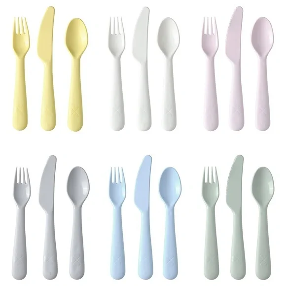 18 pc IKEA KALAS kid flatware set, mixed colors, plastic forks, knifes, spoons