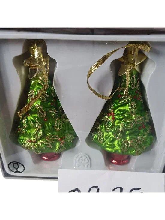 Ikea Set Of 2  Christmas Tree Ornaments With Gold Holly Pattern & Red Base