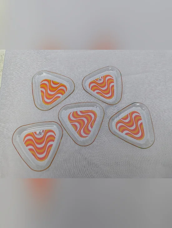 Set of 5 IKEA Orange Wavy Design  Triangular Glass Side Plates