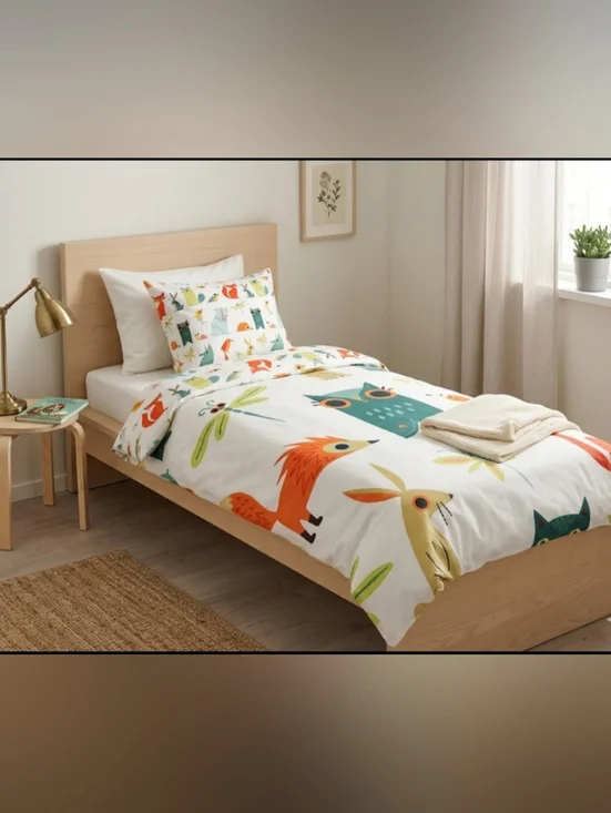 LÄTTJO Twin Duvet Cover - Woodland Animals Print in White, Orange, Green, Teal