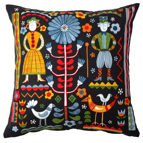 2 Folk Art Print Square Pillowcases - Black with Bright Multicolor Motifs