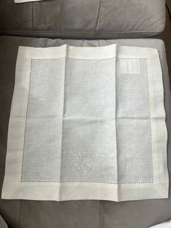 Two New Classic White Embroidered Linen Table Napkins_ Square 15.5 x 15.5 inch