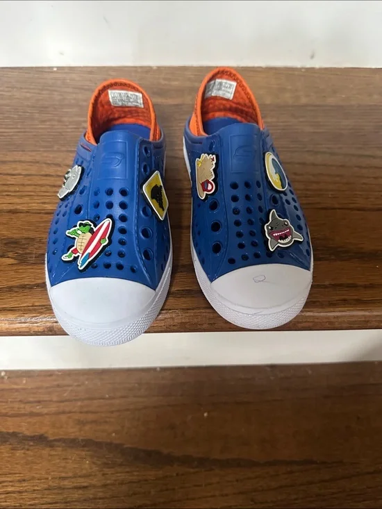 Sketchers Foamies Kids Blue Slip-On Clog Sneakers with Orange Trim