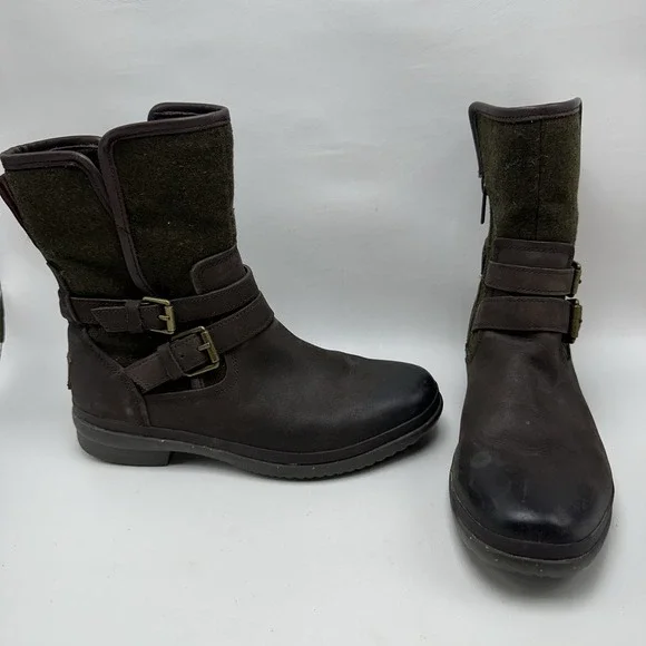UGG Simmens Waterproof Leather Wool Moto Boots Brown Green Plaid Size 6.5-7